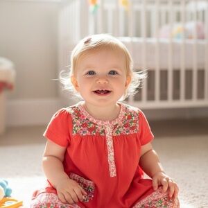 Baby Boden Coral Dress with Floral Trim 6M